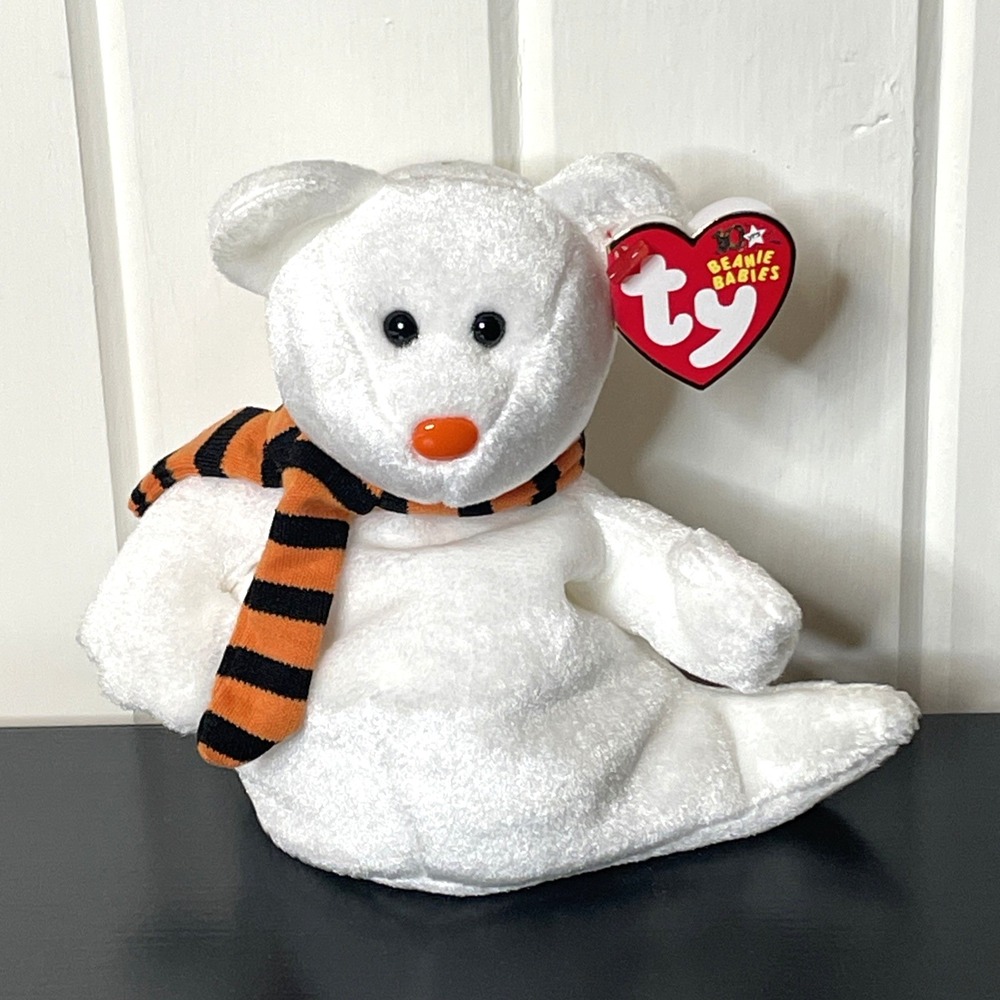 Ty Halloween Beanie Babies Plush QUIVERS White Ghost Bear Stripe Scarf 2002 Tag